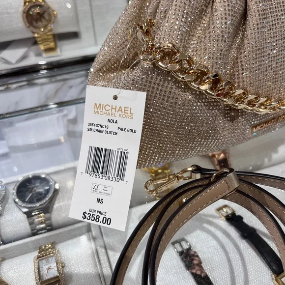 NWT MICHAEL MICHAEL KORS Nola Small Crystal Clutch Chain Crossbody pale gold - Picture 10 of 10